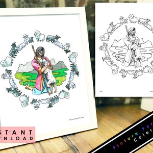 Könnte beinhalten: Eine Schwarzweißillustration eines Hirten, der ein Lamm in seinen Armen hält. Der Hirte ist von einem Kreis aus Schafen umgeben. Die Illustration ist auf weißem Hintergrund.