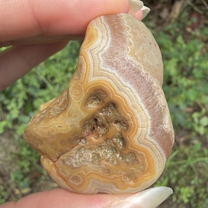 May include: A polished agate stone featuring concentric bands of tan, cream, and brown colors. The center of the stone displays a textured, crystalline cavity with small, irregular indentations and a glossy, translucent finish throughout the surface.