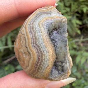 May include: A polished agate stone featuring concentric bands of tan, cream, and brown colors. The stone has a textured, grey crystalline cavity on one side, showcasing natural mineral layers and a smooth, rounded exterior surface.