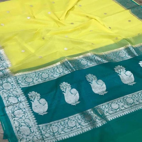 Double Shade Pure Chiffon Khaddi Georgette Saree Zari Weaves Silk Saree With Unstitched shops Running Blouse Women wedding Wear Party Wear Sari