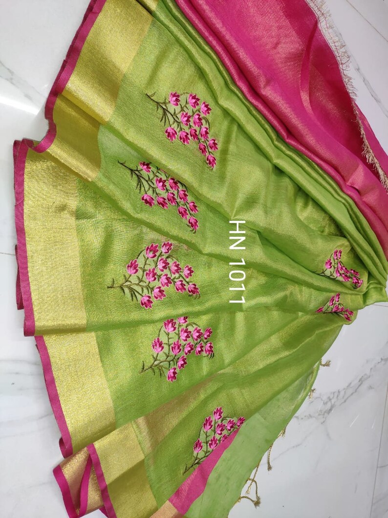 Pure Tissue Saree Tissue Linen saree Linen Silk Sari Organic Linen Embroidered Zari Border Blouse Piece Wedding Bridesmaid Bridal Saree gift
