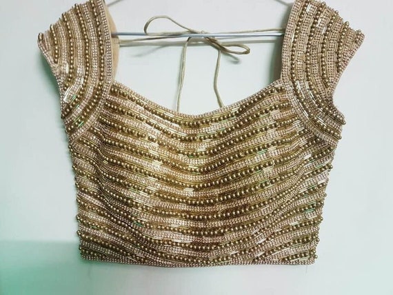 Golden Wedding Blouse Dupion Silk Party Readymade Stitch Saree Blouse Fabric craft Tunic Top Bridal Heavy Beaded sari Choli Women Indian