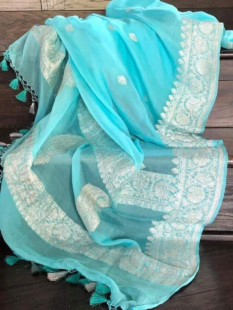 Blue Exclusive Beautiful Banarasi Pure Chiffon Khaddi Silk | Etsy