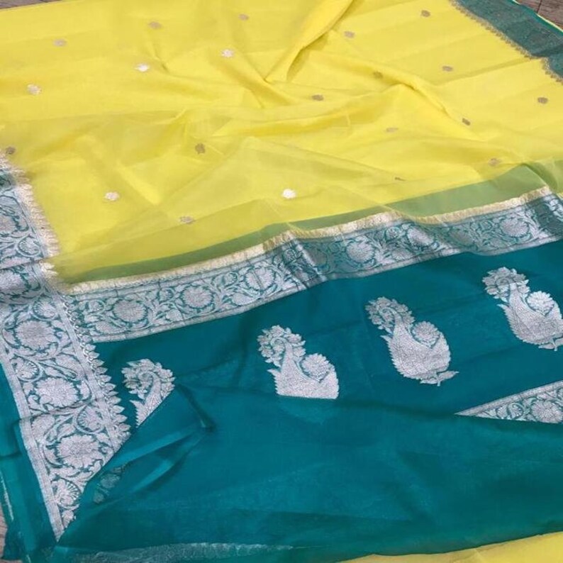 Double Shade Pure Chiffon Khaddi Georgette Saree Zari Weaves Silk Saree With Unstitched shops Running Blouse Women wedding Wear Party Wear Sari
