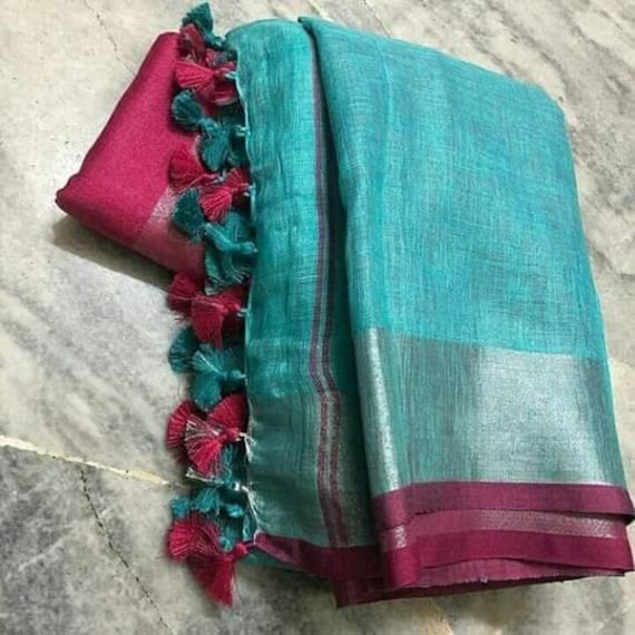 Free Shipping Linen saree Linen Silk Sari Organic Linen by Linen Sarees Embroidered Zari Border Blouse Piece Linen Saree For Women 100/%Linen
