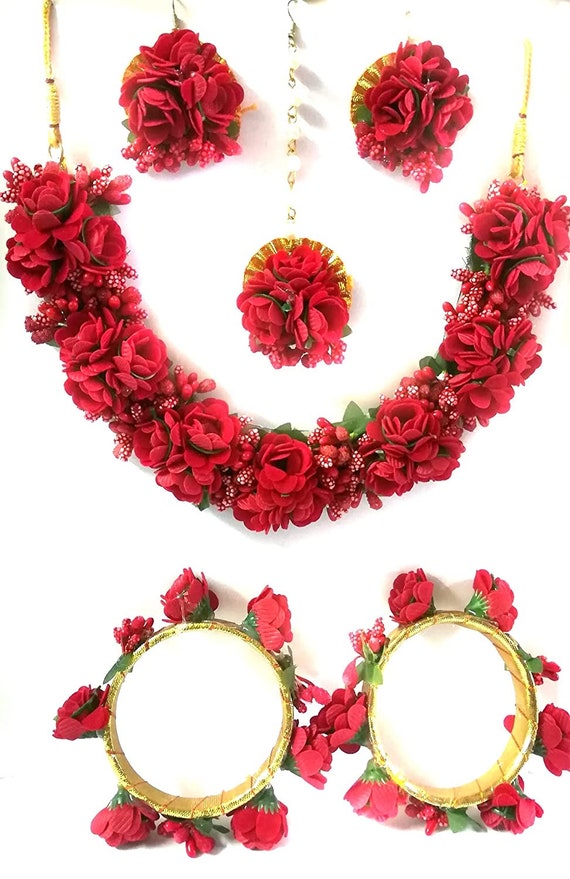 Rose Red Artificial Flower Jewellery Bridesmaid Bridal Floral Jewellery Set For Haldi Wedding Mehndi Women Girl s Baby Shower Gift Indian