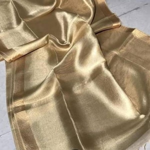 Golden Traditional Pure Handloom Saree Tussar Tissue linen saree Christmas Saree with Running Blouse Piece Silk Sari Women Party Wear Gift