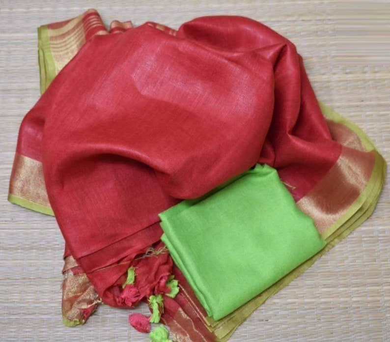 Free Shipping Linen saree Linen Silk Saree Organic Linen by Linen Sarees with Zari Border With Blouse Piece Handwoven 100/% count Linen saree