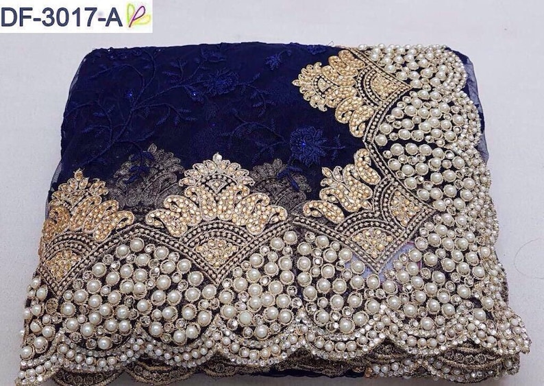 Designer New Beautiful Pearl Beaded Net Saree Cocktail Party Wedding Puja Wear Saree With Unstitched Running Blouse Bridal Festive Sari