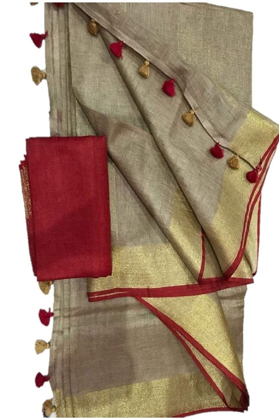 Free Shipping Linen saree Linen Silk Sari Organic Linen by Linen Sarees Embroidered Zari Border Blouse Piece Linen Saree For Women 100/%Linen