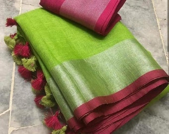 Free Shipping Linen saree Linen Silk Sari Organic Linen by Linen Sarees Embroidered Zari Border Blouse Piece Linen Saree For Women 100%Linen