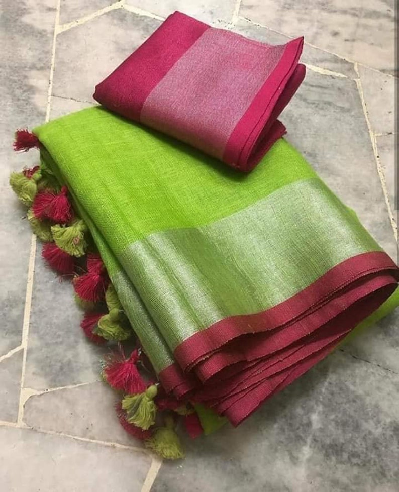 Free Shipping Linen Saree Linen Silk Sari Organic Linen by Linen Sarees