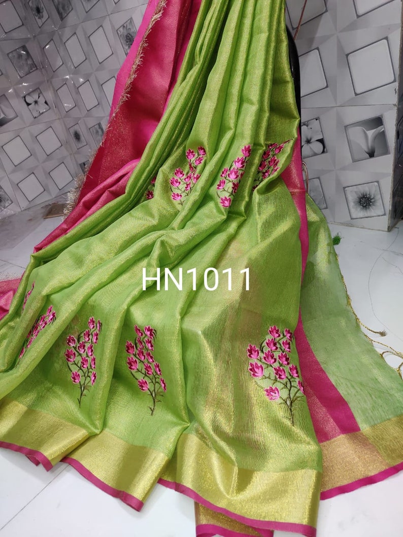Pure Tissue Saree Tissue Linen saree Linen Silk Sari Organic Linen Embroidered Zari Border Blouse Piece Wedding Bridesmaid Bridal Saree gift