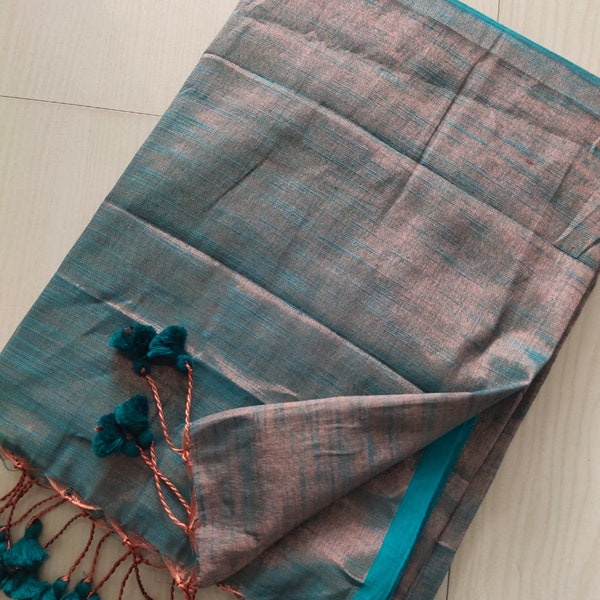 Green Tissue Khadi Handloom Saree With blouse piece Cotton Tissue Sari Women Clothing Party Wear Gift Indian tassel bridal soft sari