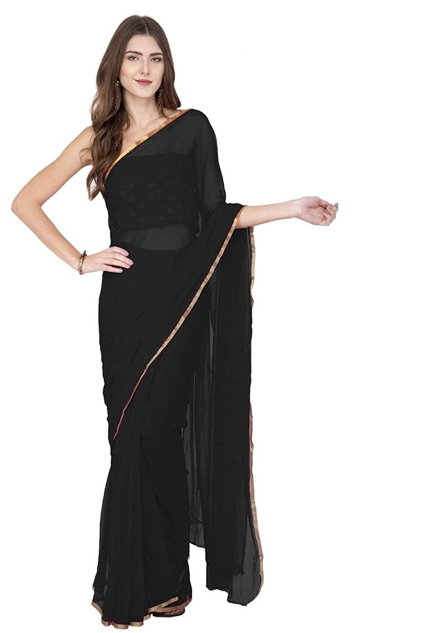 Black Designer Sari/ Saree Women's Plain Chiffon Bollywood Etsy