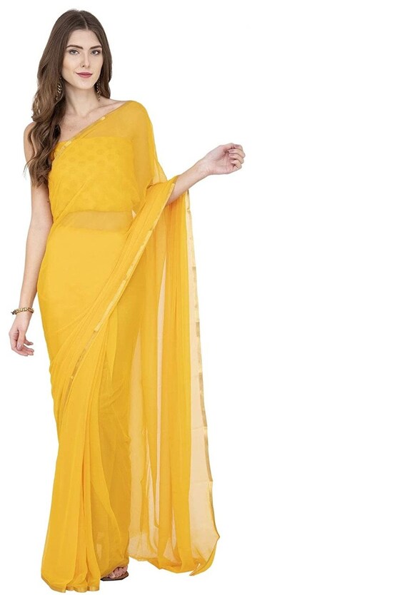 Plain yellow saree with designer blouse clearance