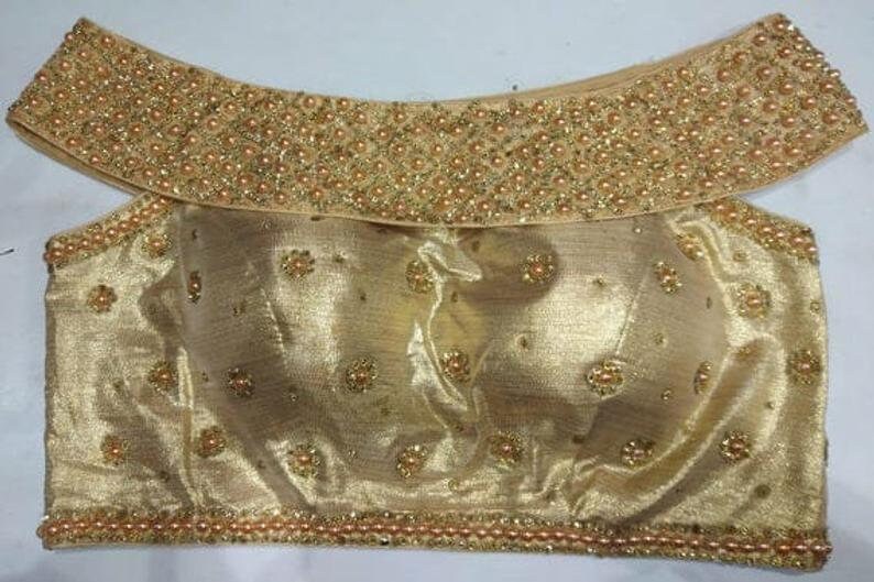 Heavy Golden Wedding Blouse Art Silk Party Gift Readymade Stitch Saree Fabric craft Tunic Top Bridal Heavy Beaded sari Choli Women Indian