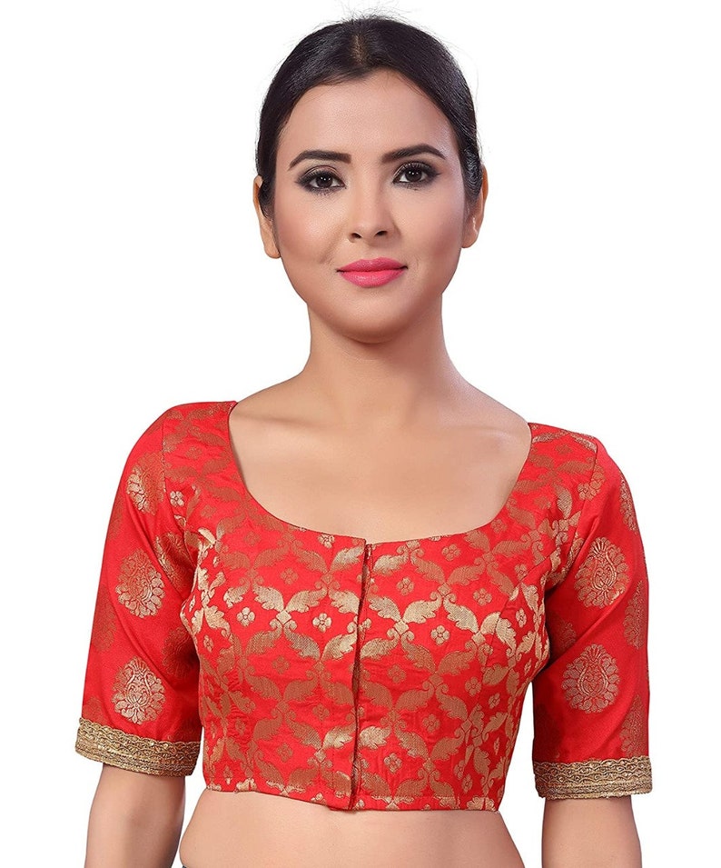 Red Embroidery Poly Art Silk Round Neck Indian Designer Readymade Blouse Women Wedding Christmas Party Saree Choli Top Tunic Sari Blouse