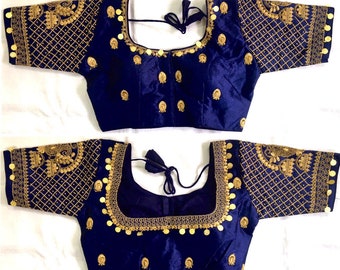 Blue Banglori silk Blouse Designer Embroidery Readymade Choli Blouse Party Wedding Bridal Saree Stitched Crop Sari Top Womens Bridesmaids