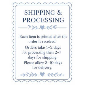 May include: A light blue framed sign with the text "SHIPPING & PROCESSING" at the top. Below, it states that each item is printed after the order is received, with processing taking 1-2 days and shipping taking 2-7 days. Delivery may take 3-10 days.