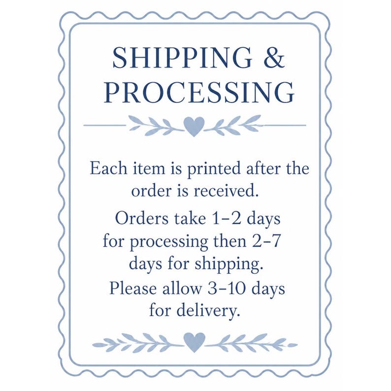 May include: A light blue framed sign with the text "SHIPPING & PROCESSING" at the top. Below, it states that each item is printed after the order is received, with processing taking 1-2 days and shipping taking 2-7 days. Delivery may take 3-10 days.
