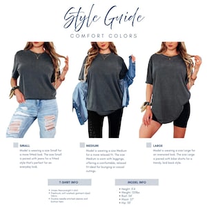 May include: A style guide with three models showcasing different t-shirt fits: small, medium, and large. The guide includes text about the fit and style, along with t-shirt and model information. The t-shirts are a dark gray color.