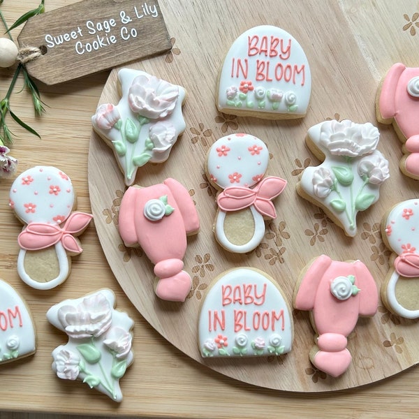 1 dozen MINI baby in bloom baby shower sugar cookies