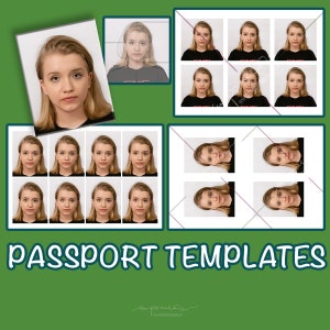 Może przedstawiać: Zestaw szablonów do zdjęć paszportowych z twarzą kobiety w każdym szablonie. Szablony są ułożone w siatkę. Tekst "PASSPORT TEMPLATES" znajduje się na dole obrazu.
