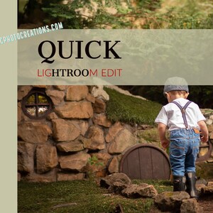 May include: A young child wearing a white shirt, blue jeans, and a blue cap walks on a path in a forest setting. The child is walking towards a stone structure with a round wooden door. The text "QUICK LIGHTROOM EDIT" is displayed above the image.