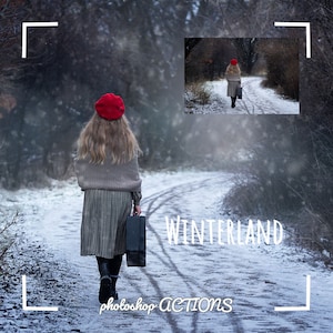 May include: A woman in a red beret walks down a snowy path in a winter forest. She is carrying a suitcase and the text "Winterland Photoshop Actions" is visible on the ground.