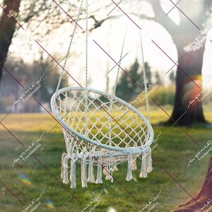 Beautiful swing, white, blooming trees, BOHO, sunset DIGITAL BACKGROUND - portrait