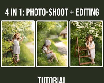 May include: A composite image featuring three photographs of a child in a spring setting. The photos are framed by the text "4 IN 1: PHOTO-SHOOT + EDITING" and "TUTORIAL SPRING PORTRAIT". The child is wearing a dress and hat.