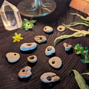 Könnte beinhalten: Eine Ansammlung kleiner, heller Steine mit Löchern, angeordnet auf einer dunklen, strukturierten Oberfläche. Das Bild zeigt auch einen klaren Kristall, eine gelbe Blume und grünes Laub, was auf ein natürliches oder spirituelles Thema hindeutet.