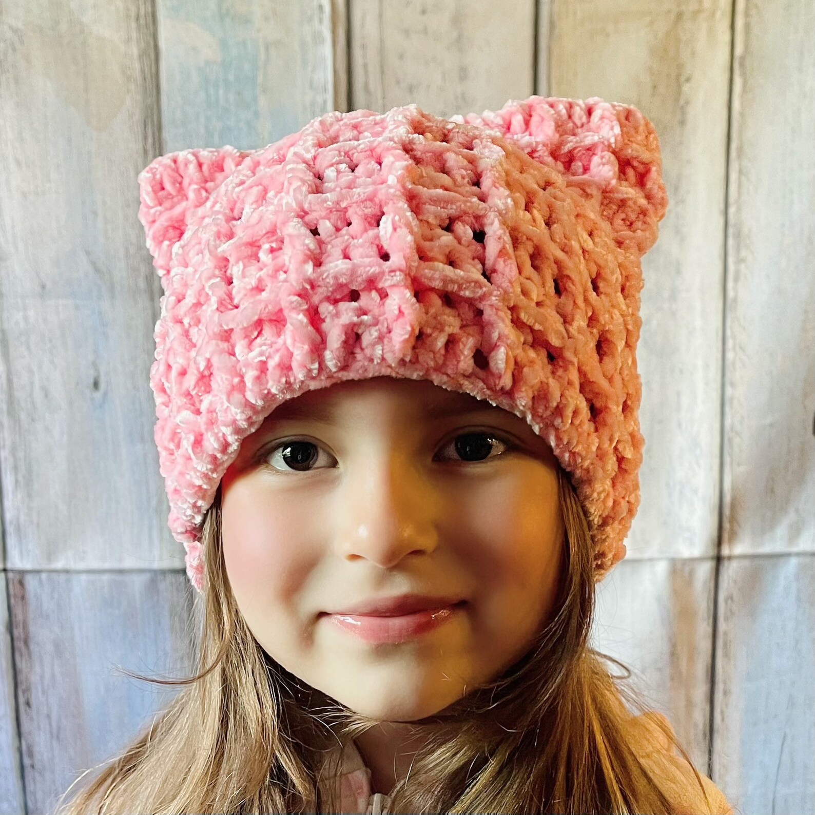 Kitty Crochet Winter Hat Pink Cat ears Beanie Soft Velvet Etsy