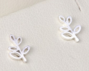 Lightly Textured Plant Charm Stud Earrings in Sterling Silver, Minimalist Plant Studs, Perfect as a Gift for Women and Nature Lovers