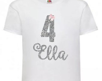 Personalised Glitter Silver 6th Sixth Birthday girls Tshirt free P7P
