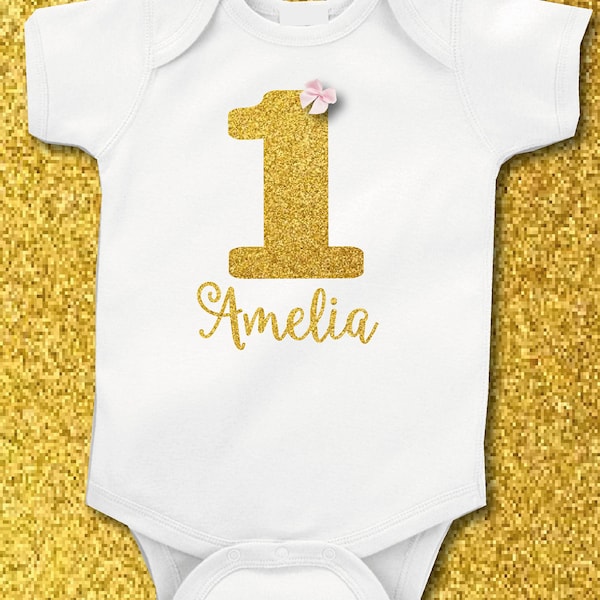 Personalised 1st First Birthday Gold Glitter Baby Girl vest/grow free P&P
