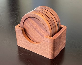 Handmade Walnut Wood Coasters and Holder | Set of 6 Coasters for your Kitchen Living Room or Dining Room