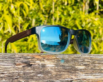 The Laguna Rectangular Sunglasses for Men with Recycled Plastic Frames Polarized Mirror Lenses and Walnut Wood Arms