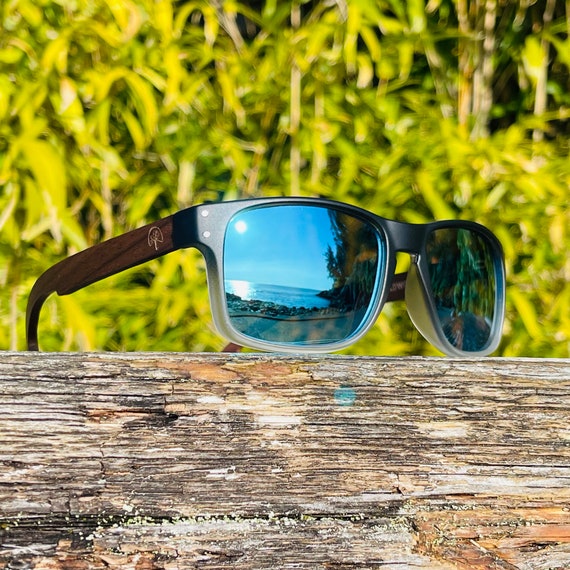 The Laguna Rectangular Sunglasses for Men With Recycled Plastic Frames  Polarized Mirror Lenses and Walnut Wood Arms 