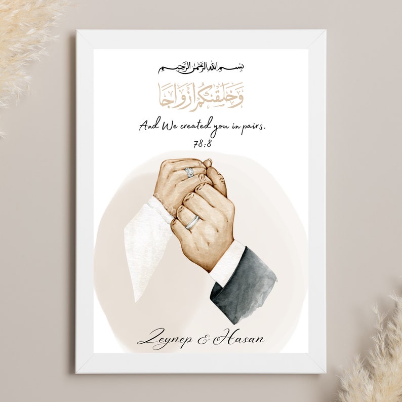 May include: A watercolor illustration of a couple holding hands with wedding rings. The illustration is in a white frame with a beige background. The Arabic text reads "And We created you in pairs." and the verse number "78:8". The names "Zeynep & Hasan" are written below the illustration.