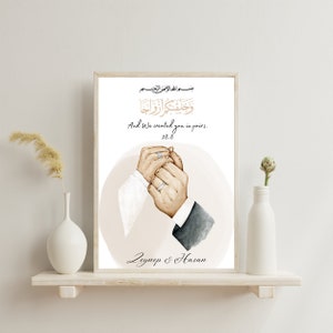 May include: A watercolor illustration of a couple holding hands with wedding rings. The illustration is in a circle with a beige background. The text "And We created you in pairs. 78:8" is below the illustration. The names "Zeynep & Hasan" are at the bottom of the image.