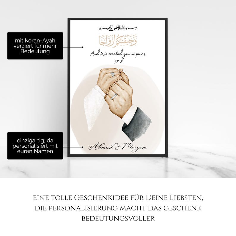 Islamic hand poster with bismillah, personalized wedding gift for Muslim couple, personalized poster couples, Islamic print image 2