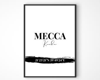 Plakat Mekka ze współrzędnymi, plakat islamski, mural islamski, prezent dla muzułmanina, prezent islamski, mural islamski