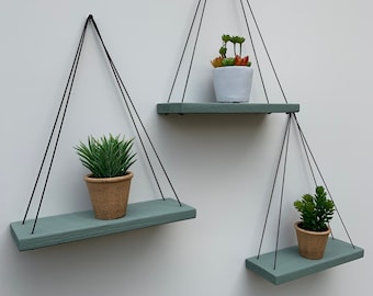 Rustic Green Hanging Rope Shelf, Shelf, Shelving, Shelves