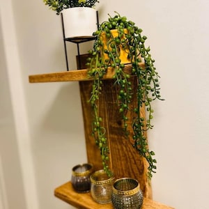 May include: Two wooden shelves with a rustic finish, mounted on a white wall. The top shelf has a small white planter with a green plant and a black metal stand. The bottom shelf has three glass candle holders with gold accents. A trailing green plant hangs from the top shelf.