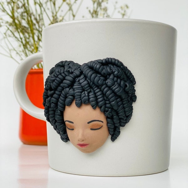 Mug Afro woman Design Polymer Clay mug, Mother Day Gift, Valentine Gift Personalized for Curly Woman, Custom Name mug, Handmade Coffee mug.