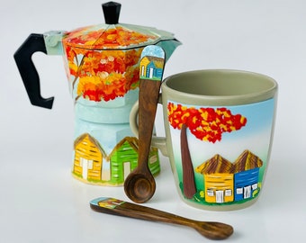 Dominican Moka Pot Hand Painted Set Mother Day Gift, Coffee Maker Painted by Hand, Expresso Maker with Cup and spoons, Dominican Art.