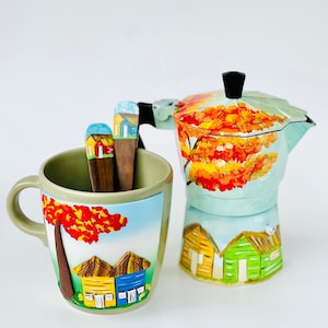 Dominicaans koffiezetapparaat, handgeschilderde set, valentijnscadeau, moederdagcadeau, Italiaanse mokkapot, espressoapparaat met kop en lepels.