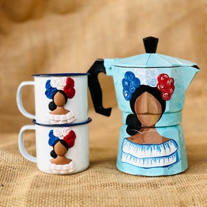 Dominican Moka Pot Set Hand Painted Faceless Doll, Mother Day Gift, Coffee Maker Painted by Hand, Espresso Maker, Enamel Mug